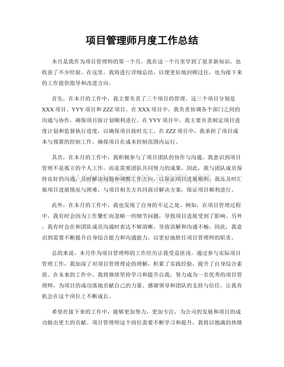 项目管理师月度工作总结.docx_第1页