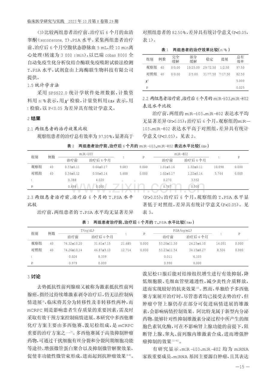 阿比特龙联合多西他赛化疗方案治疗转移性去势抵抗性前列腺癌的效果及对miR-103、miR-802表达的影响.pdf_第3页