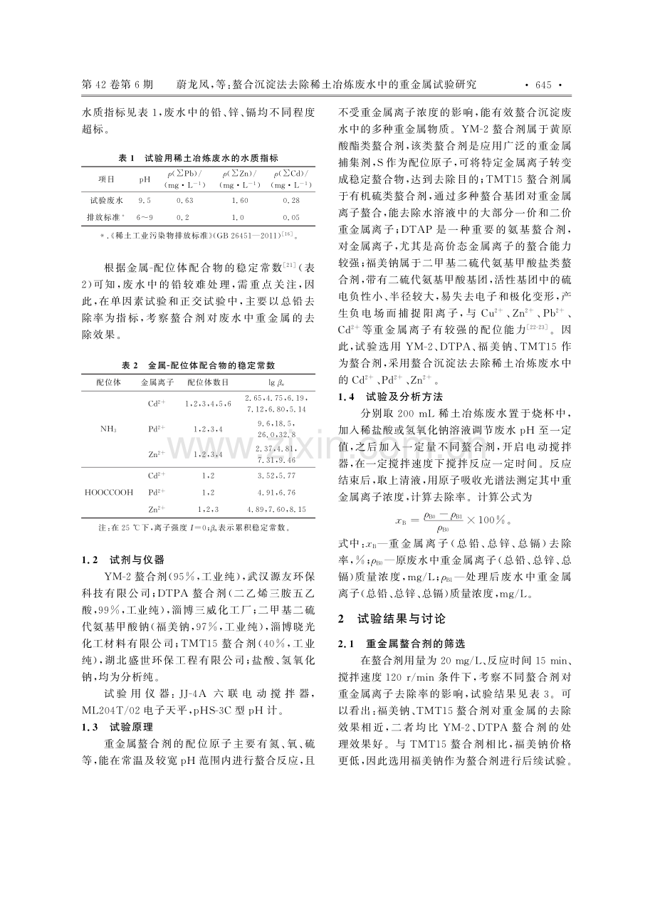 螯合沉淀法去除稀土冶炼废水中的重金属试验研究.pdf_第2页