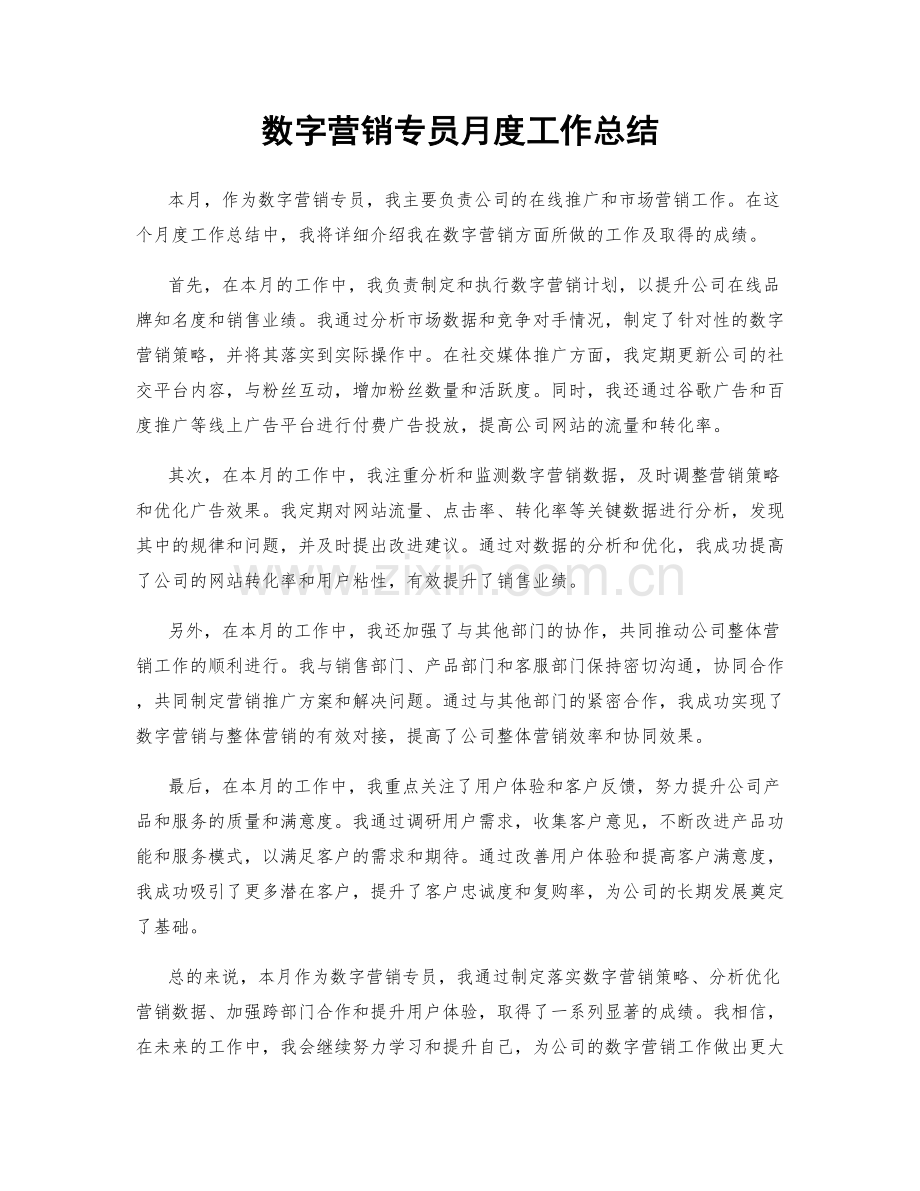 数字营销专员月度工作总结.docx_第1页