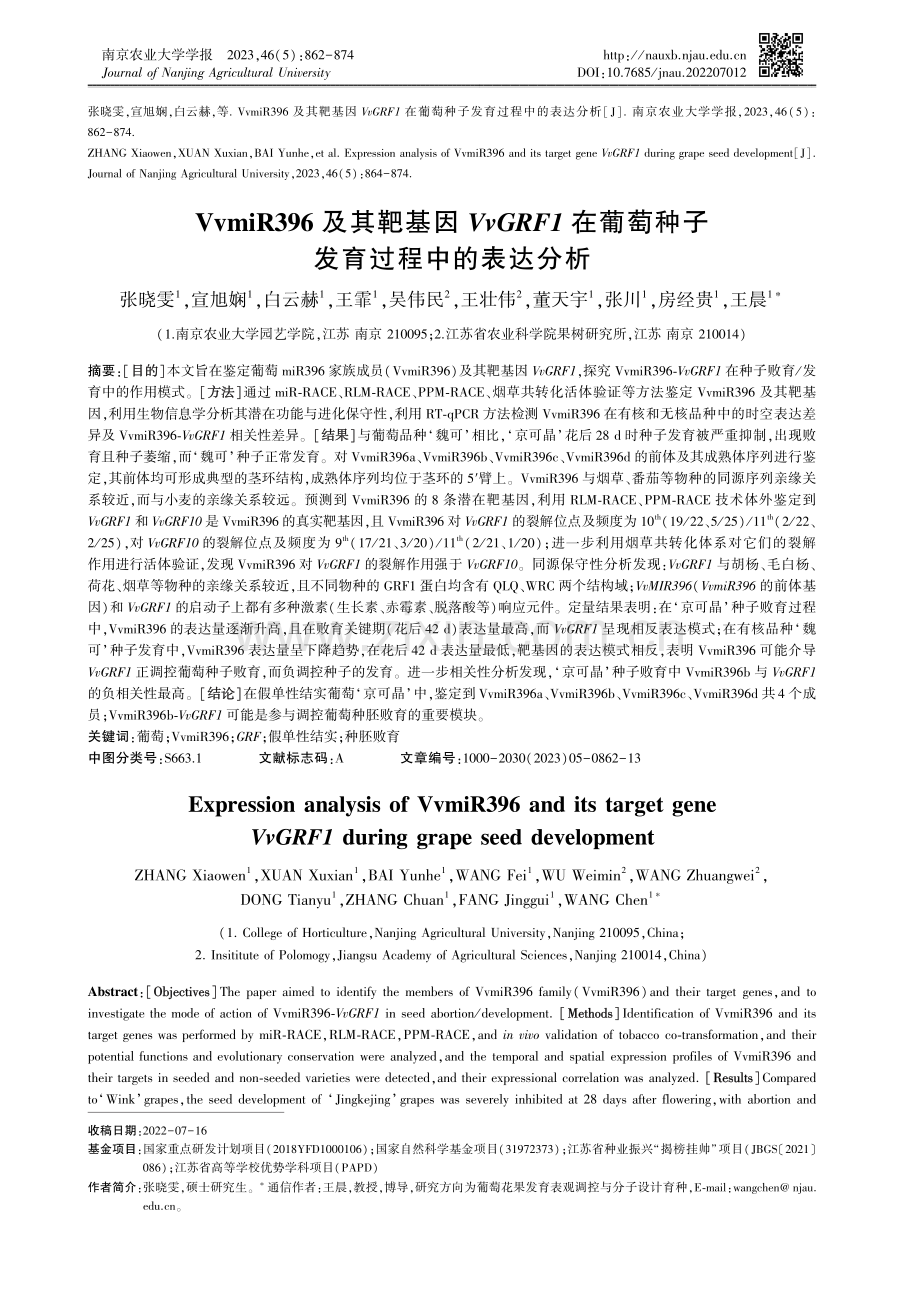VvmiR396及其靶基因VvGRF1在葡萄种子发育过程中的表达分析.pdf_第1页