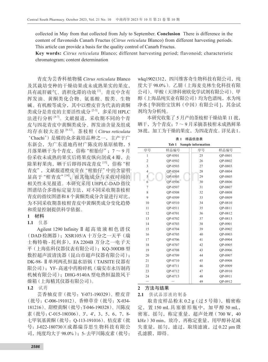 UHPLC结合化学计量学分析不同采收期茶枝柑青皮中黄酮类成分.pdf_第2页