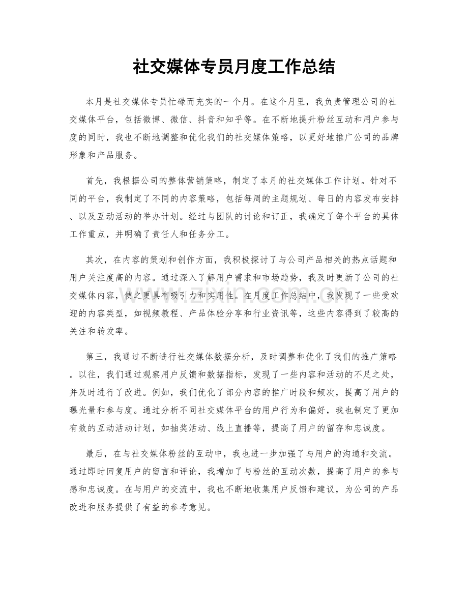 社交媒体专员月度工作总结.docx_第1页