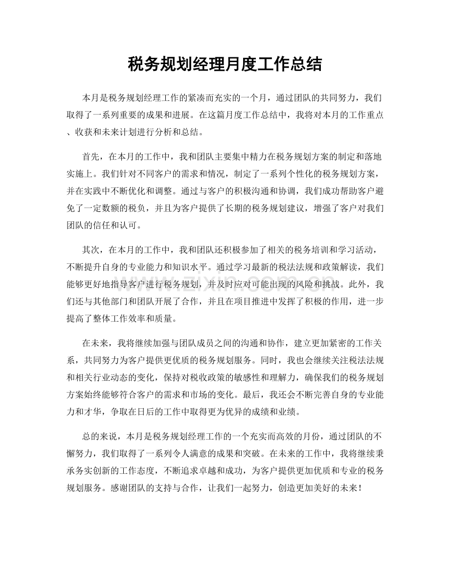 税务规划经理月度工作总结.docx_第1页