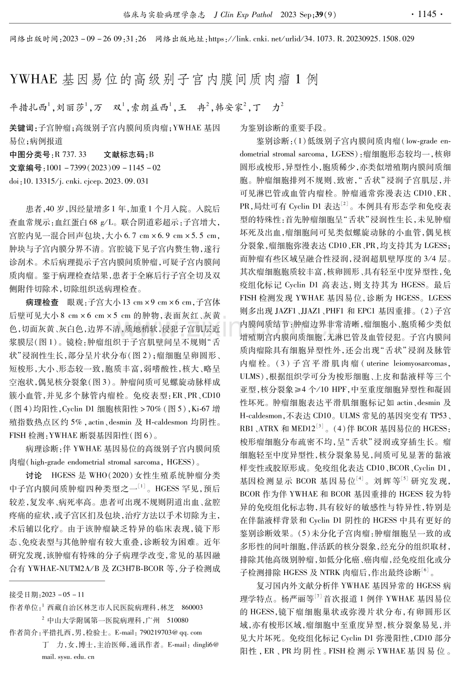 YWHAE基因易位的高级别子宫内膜间质肉瘤1例.pdf_第1页