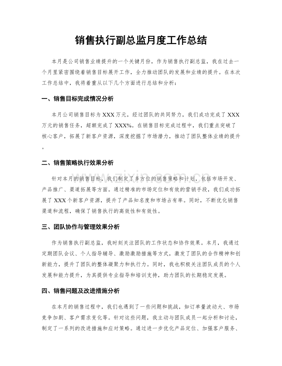 销售执行副总监月度工作总结.docx_第1页