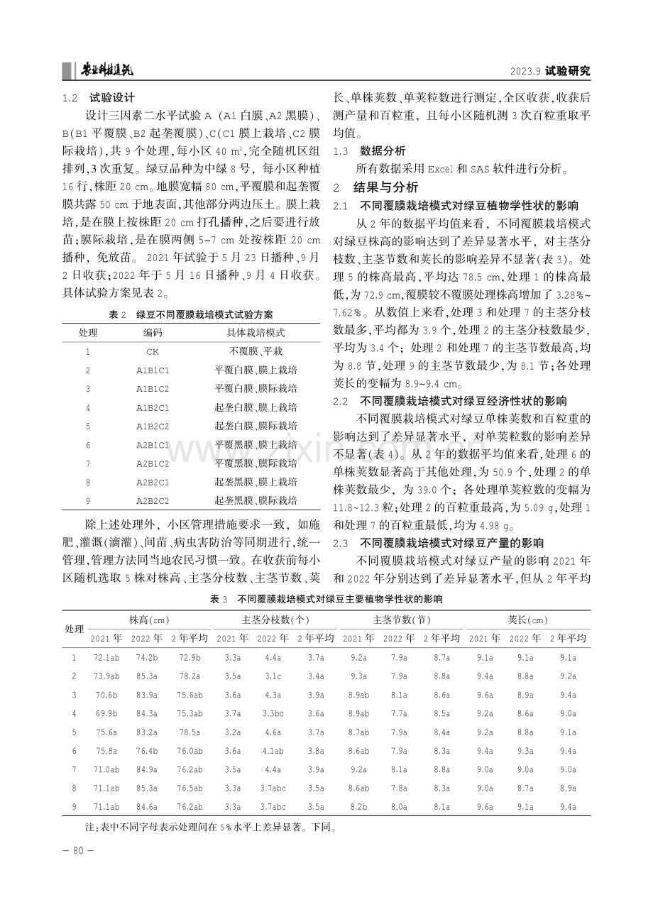 不同覆膜栽培模式对绿豆主要农艺性状及产量的影响.pdf_第2页