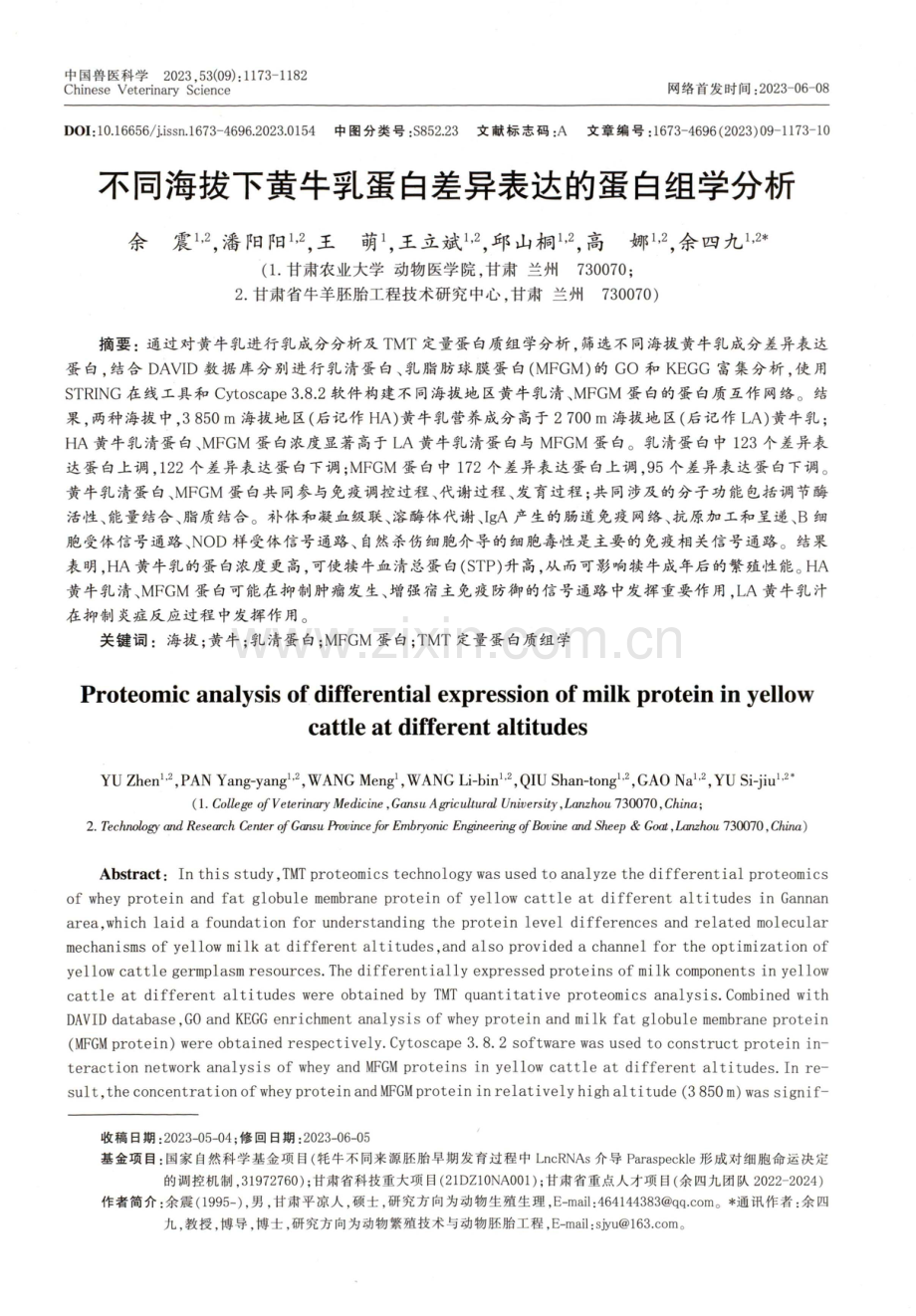 不同海拔下黄牛乳蛋白差异表达的蛋白组学分析.pdf_第1页