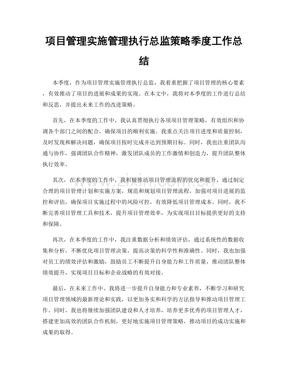 项目管理实施管理执行总监策略季度工作总结.docx_第1页