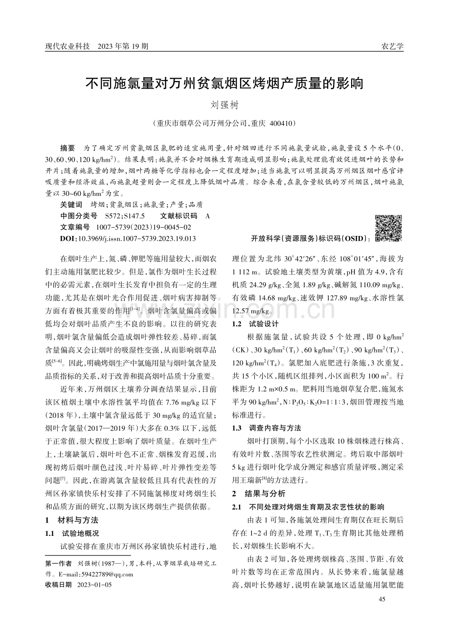 不同施氯量对万州贫氯烟区烤烟产质量的影响.pdf_第1页