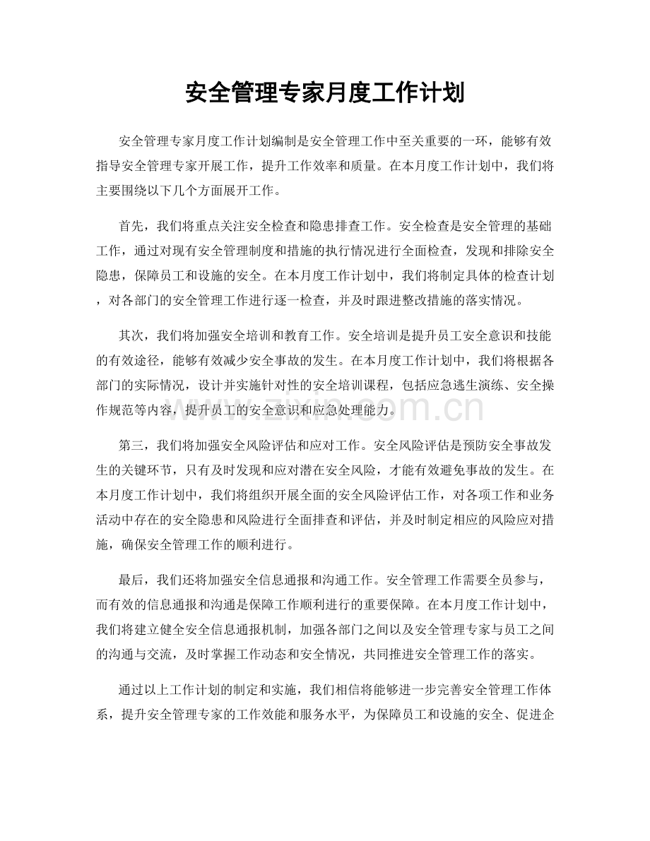 安全管理专家月度工作计划.docx_第1页