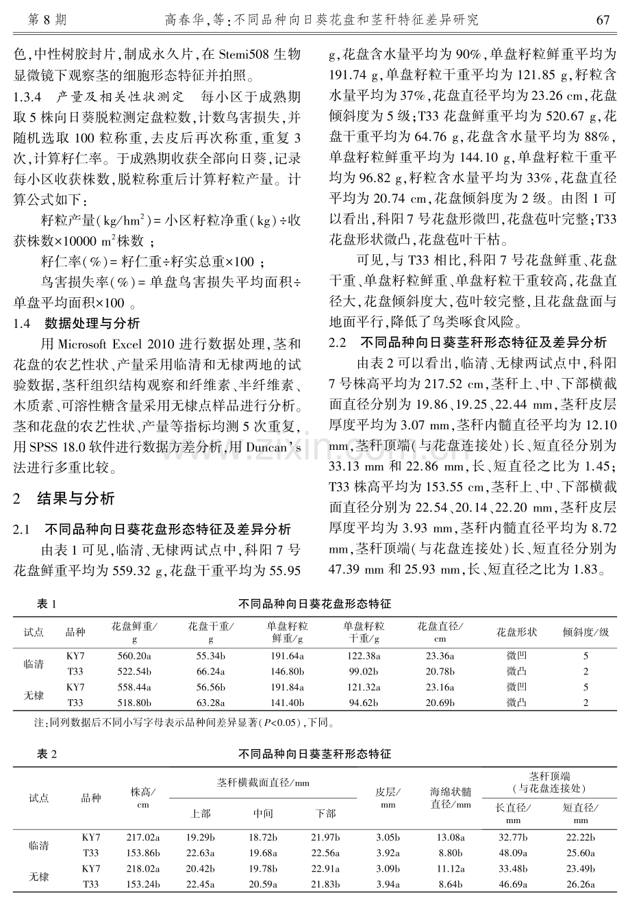 不同品种向日葵花盘和茎秆特征差异研究.pdf_第3页