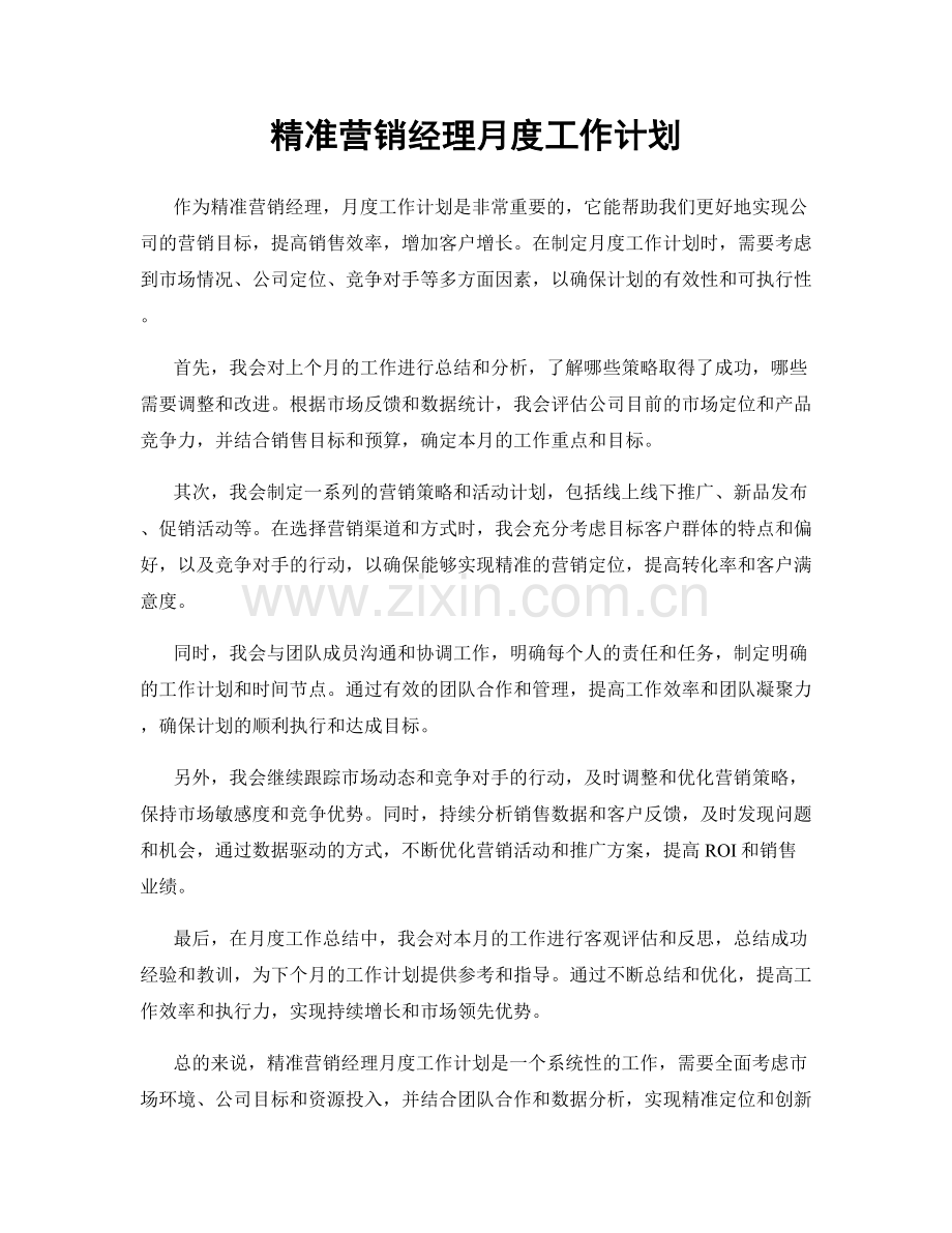 精准营销经理月度工作计划.docx_第1页