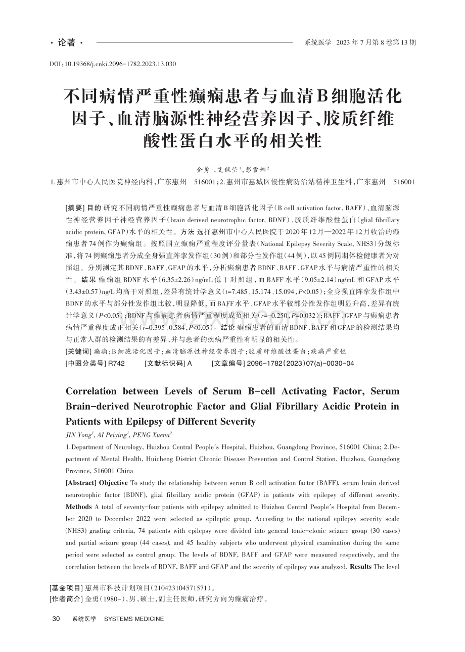 不同病情严重性癫痫患者与血清B细胞活化因子、血清脑源性神经营养因子、胶质纤维酸性蛋白水平的相关性.pdf_第1页