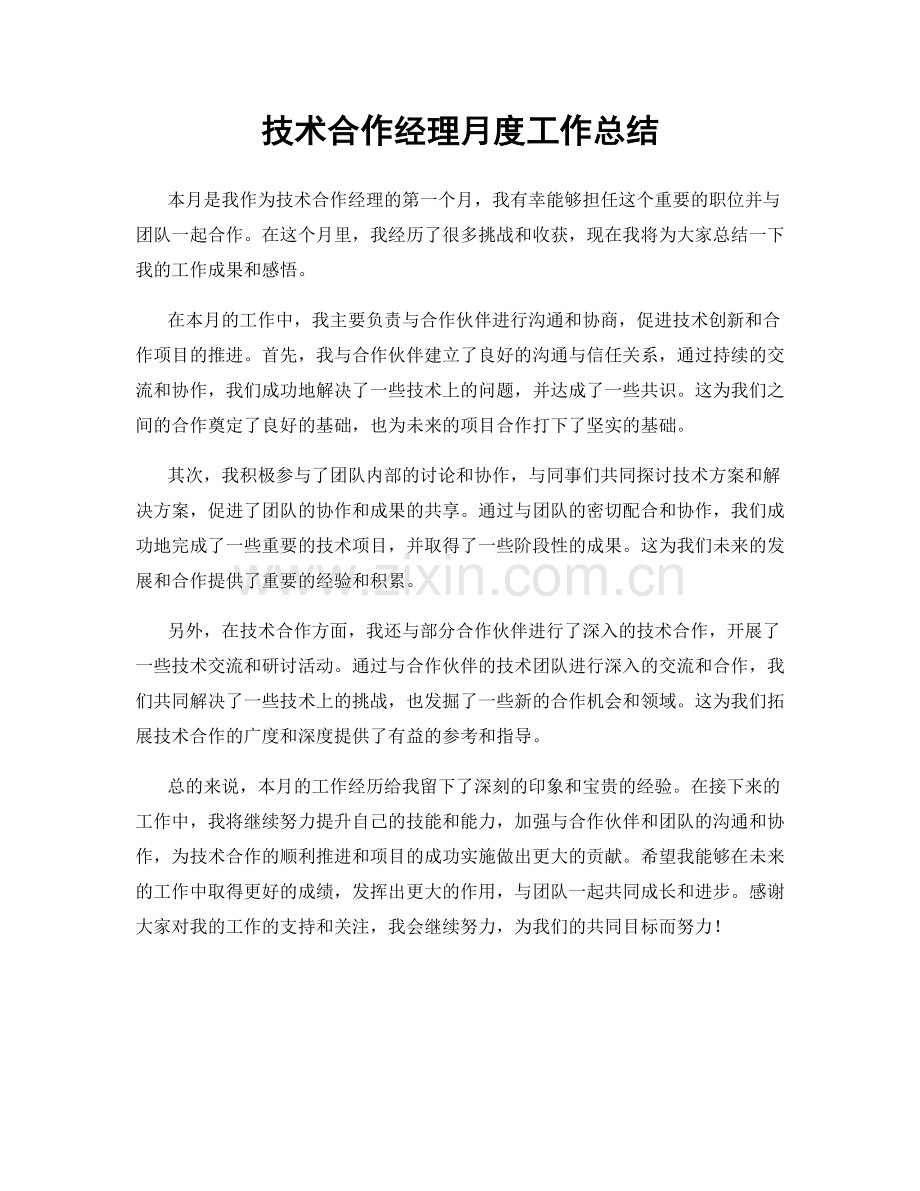 技术合作经理月度工作总结.docx_第1页