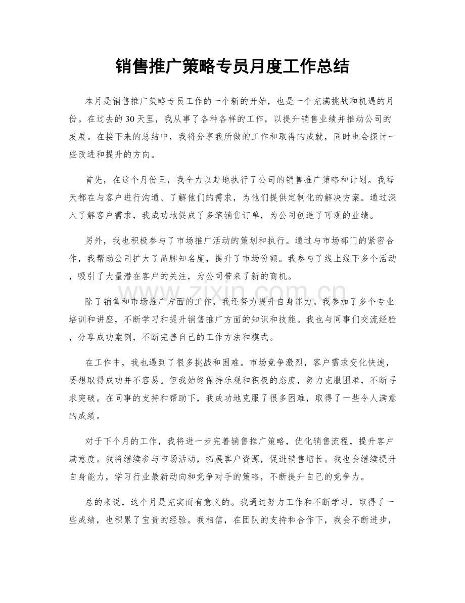 销售推广策略专员月度工作总结.docx_第1页