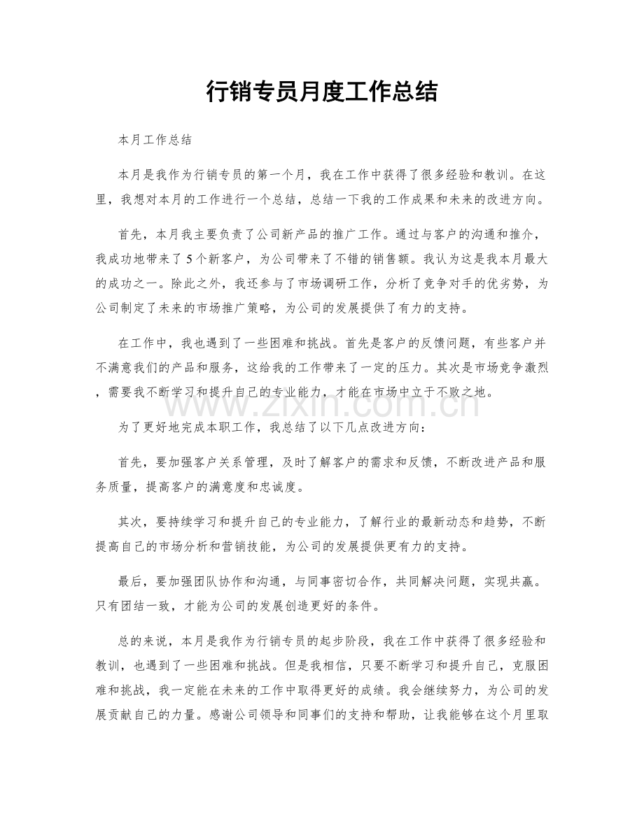 行销专员月度工作总结.docx_第1页