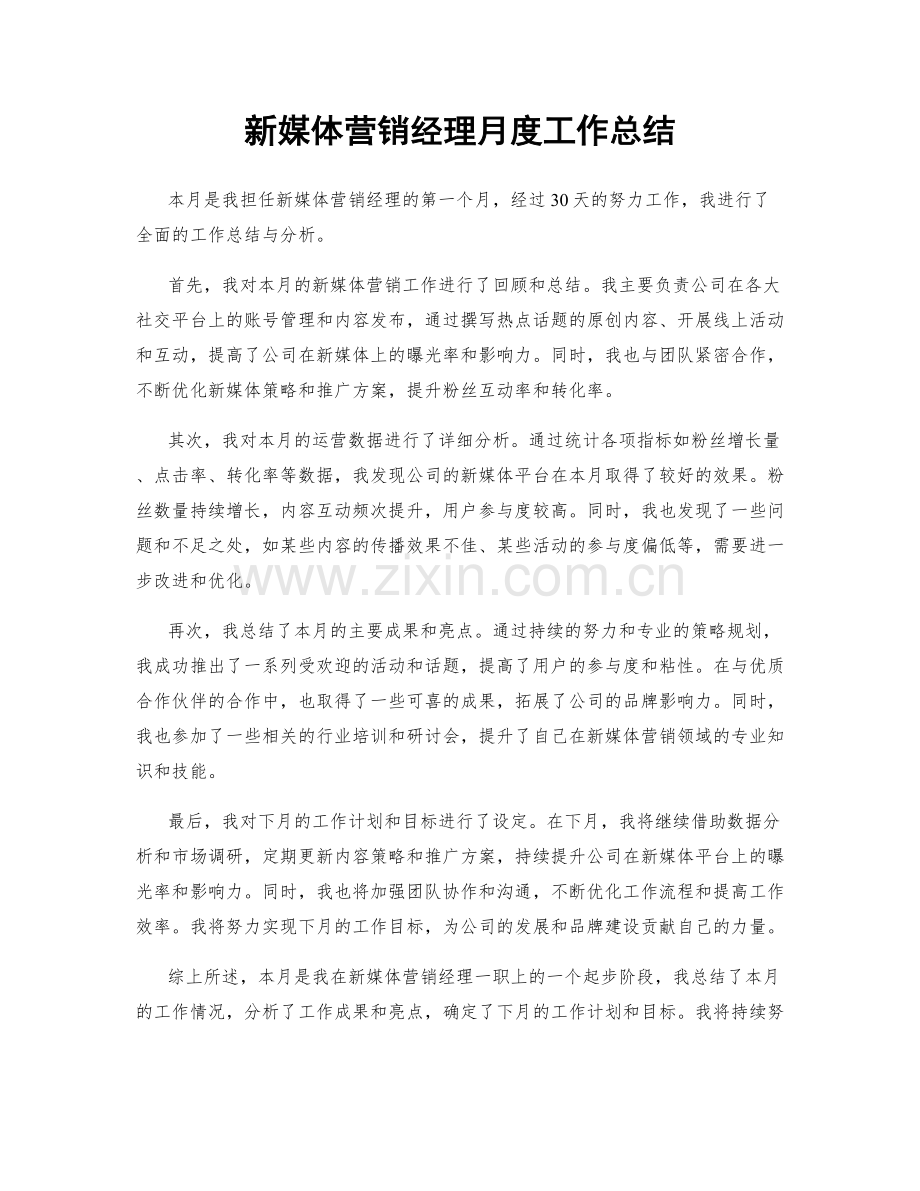 新媒体营销经理月度工作总结.docx_第1页