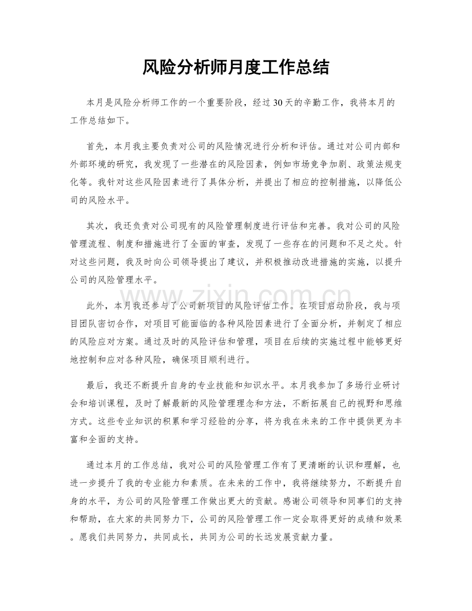 风险分析师月度工作总结.docx_第1页