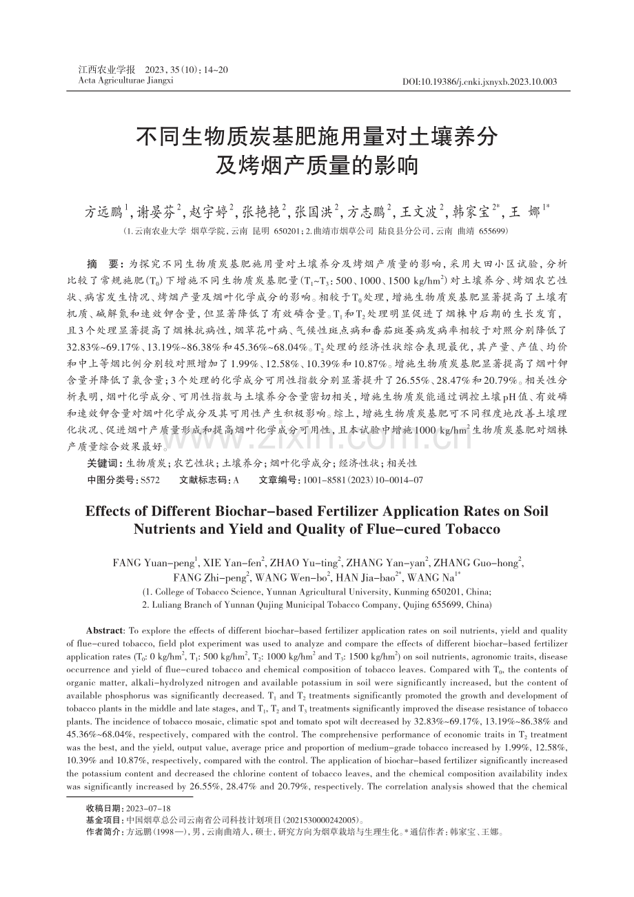 不同生物质炭基肥施用量对土壤养分及烤烟产质量的影响.pdf_第1页