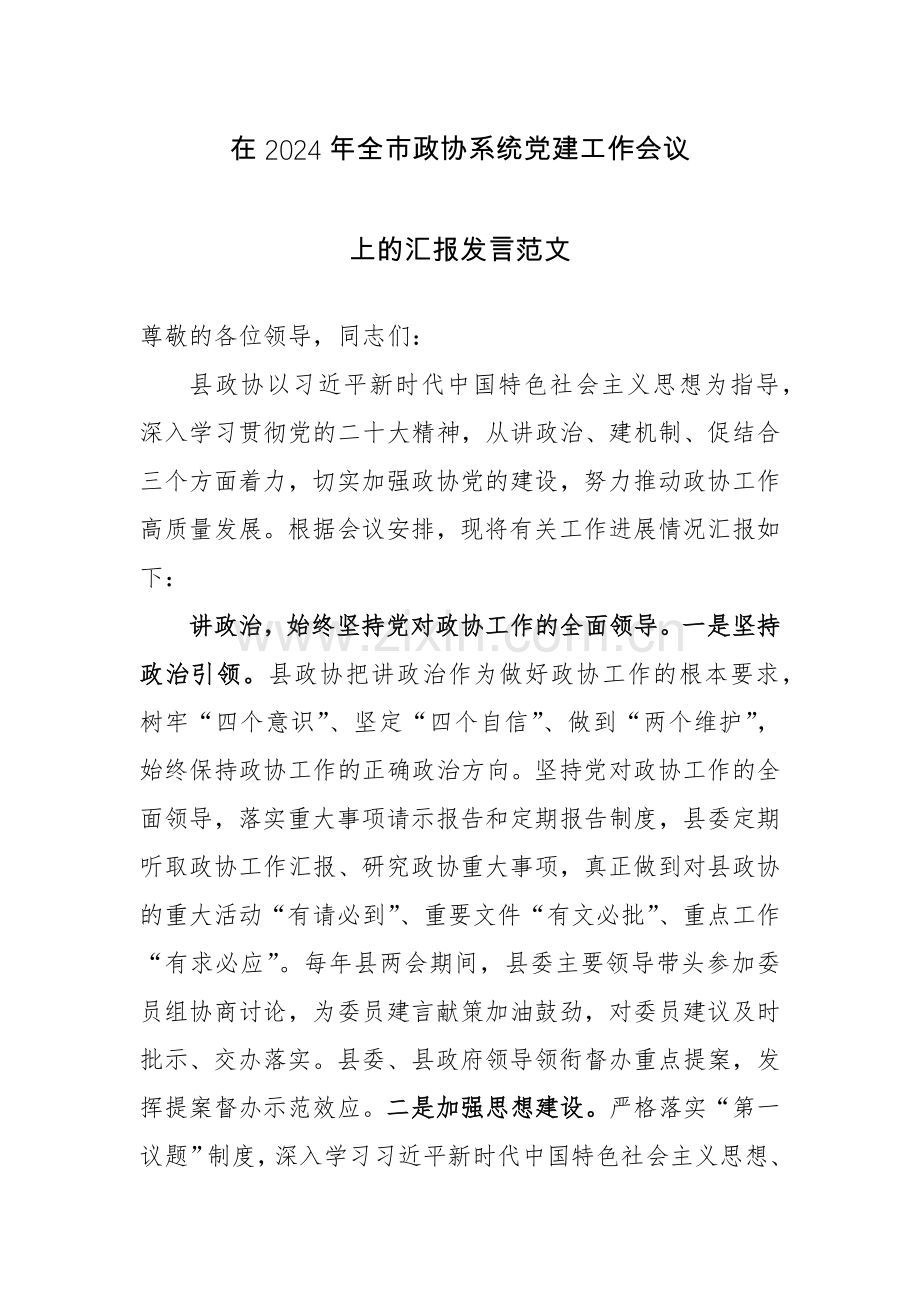 在2024年全市政协系统党建工作会议上的汇报发言范文.docx_第1页