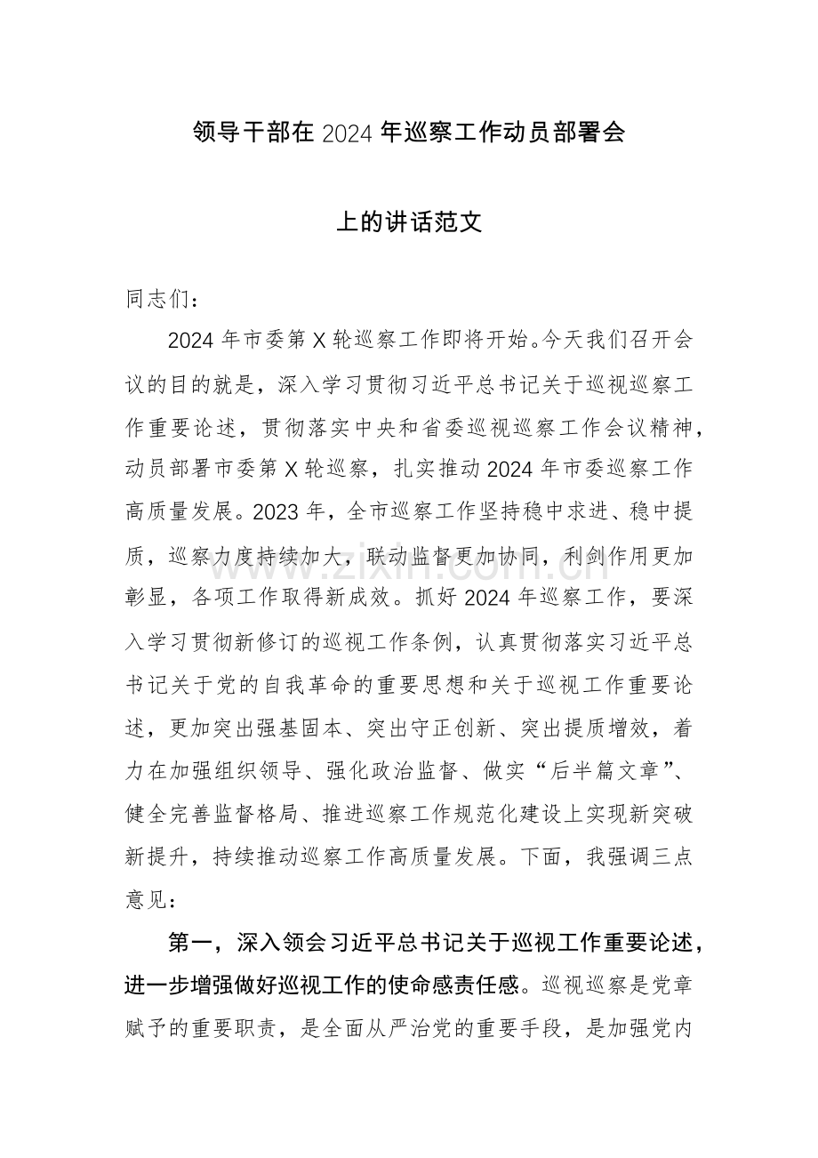 领导干部在2024年巡察工作动员部署会上的讲话范文.docx_第1页