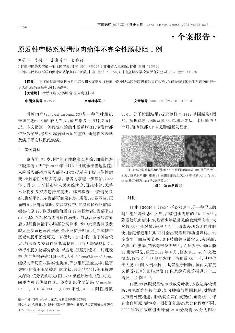 原发性空肠系膜滑膜肉瘤伴不完全性肠梗阻1例.pdf_第1页