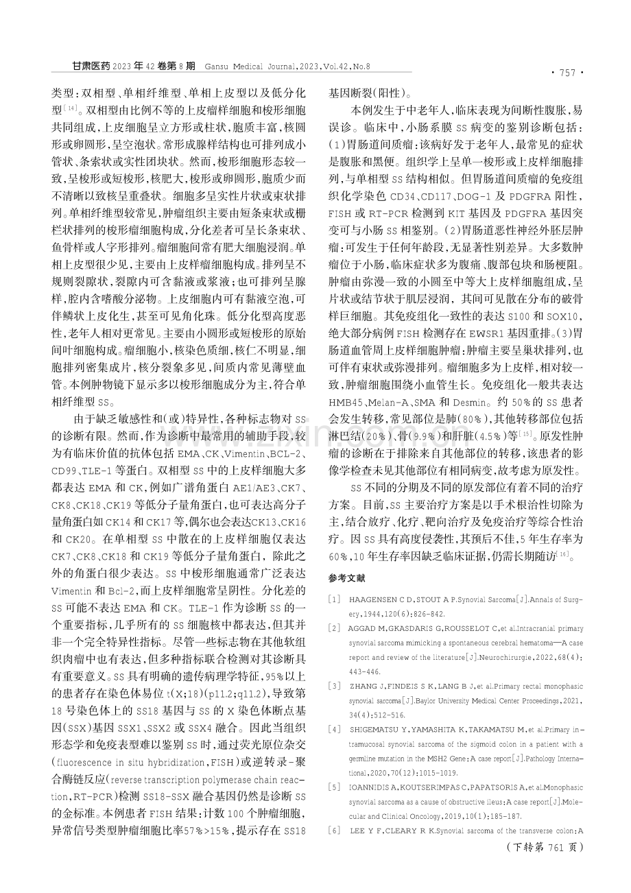 原发性空肠系膜滑膜肉瘤伴不完全性肠梗阻1例.pdf_第2页