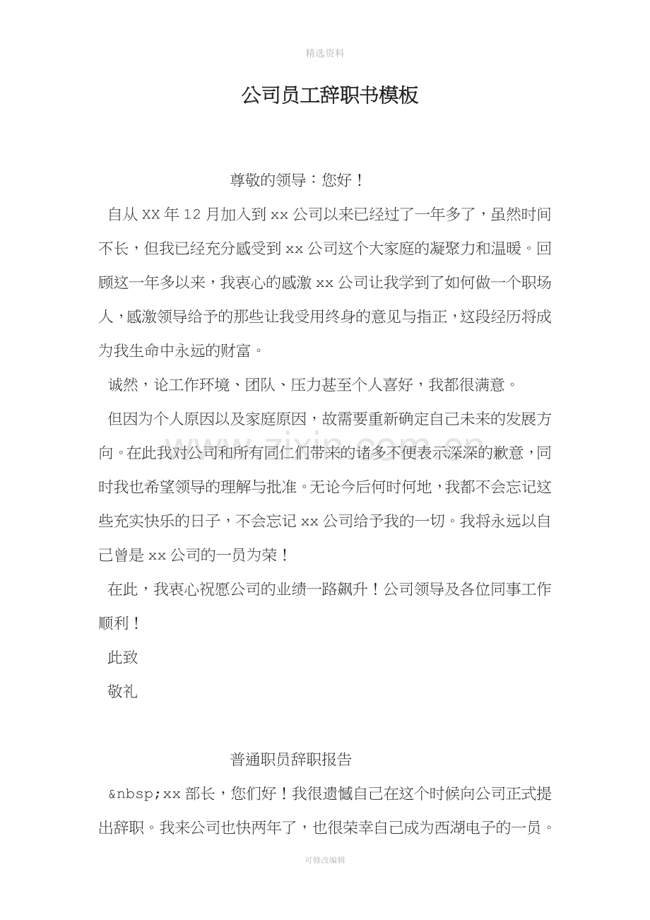 公司员工辞职书模板.doc_第1页