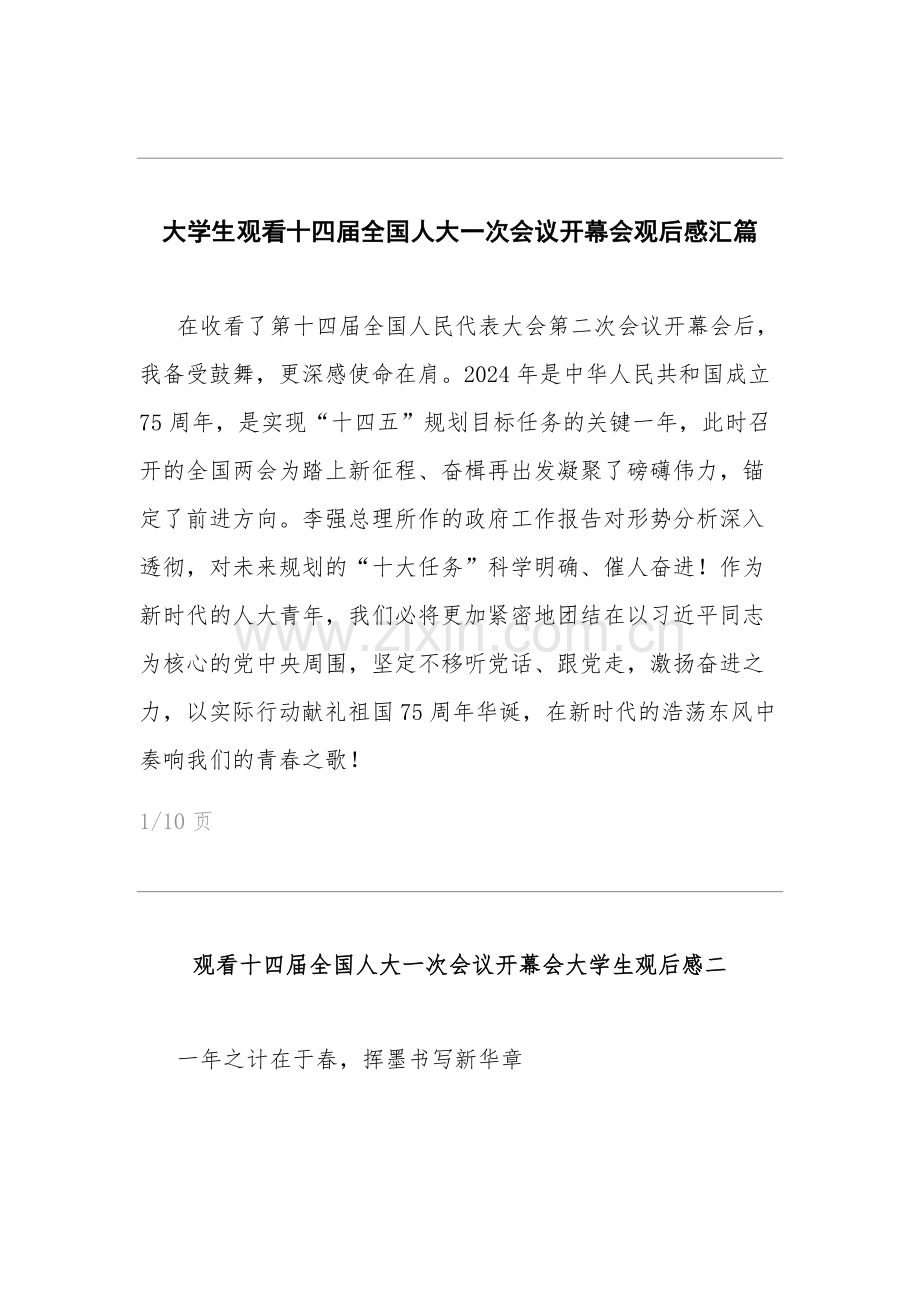 大学生观看十四届全国人大一次会议开幕会观后感汇篇.docx_第1页