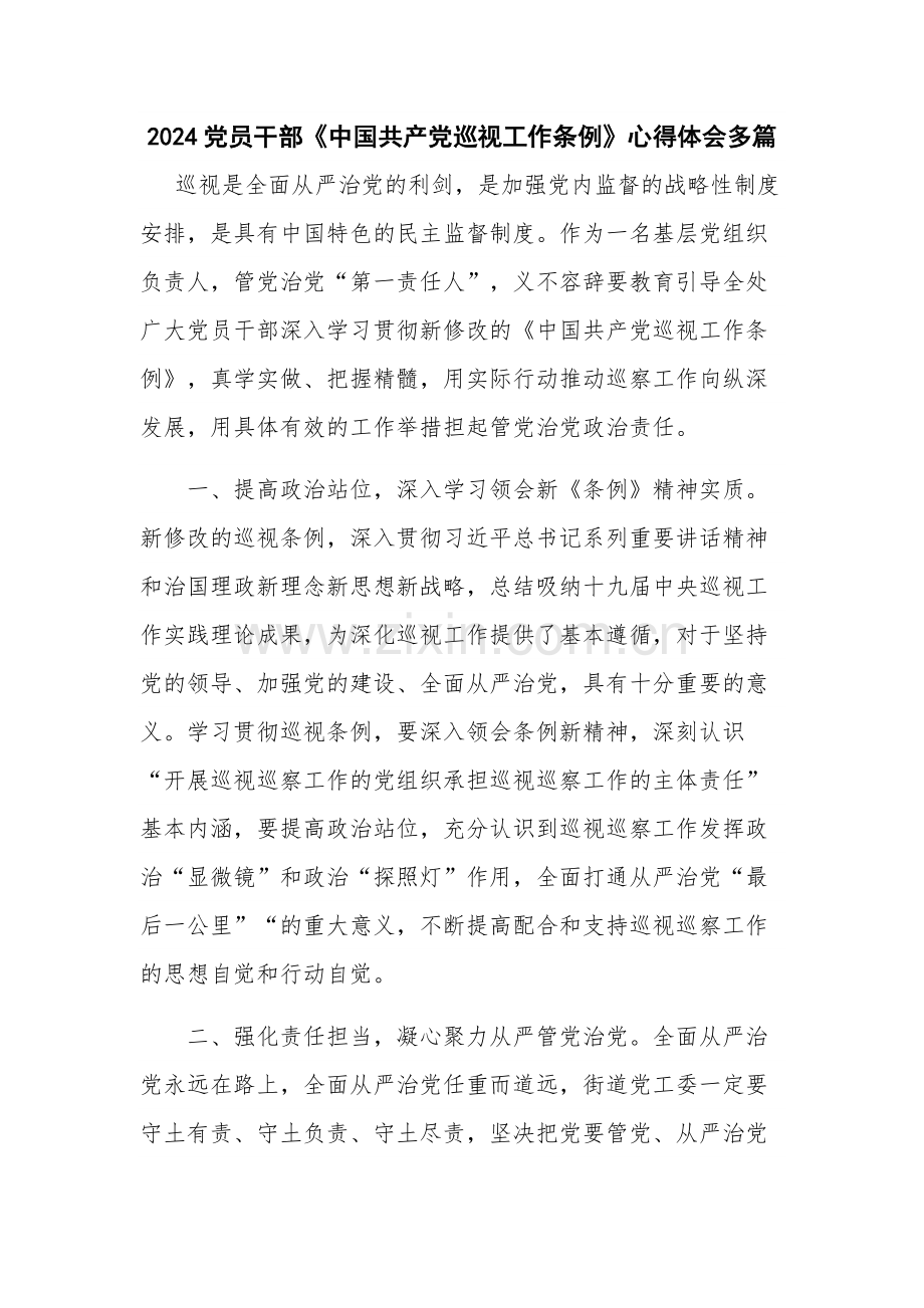 2024党员干部《中国共产党巡视工作条例》心得体会多篇.docx_第1页