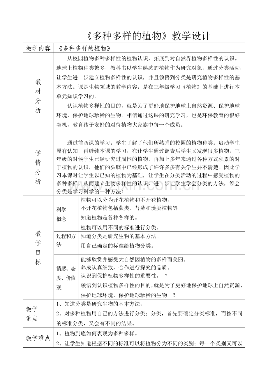 多种多样的植物教学设计设计稿.doc_第1页