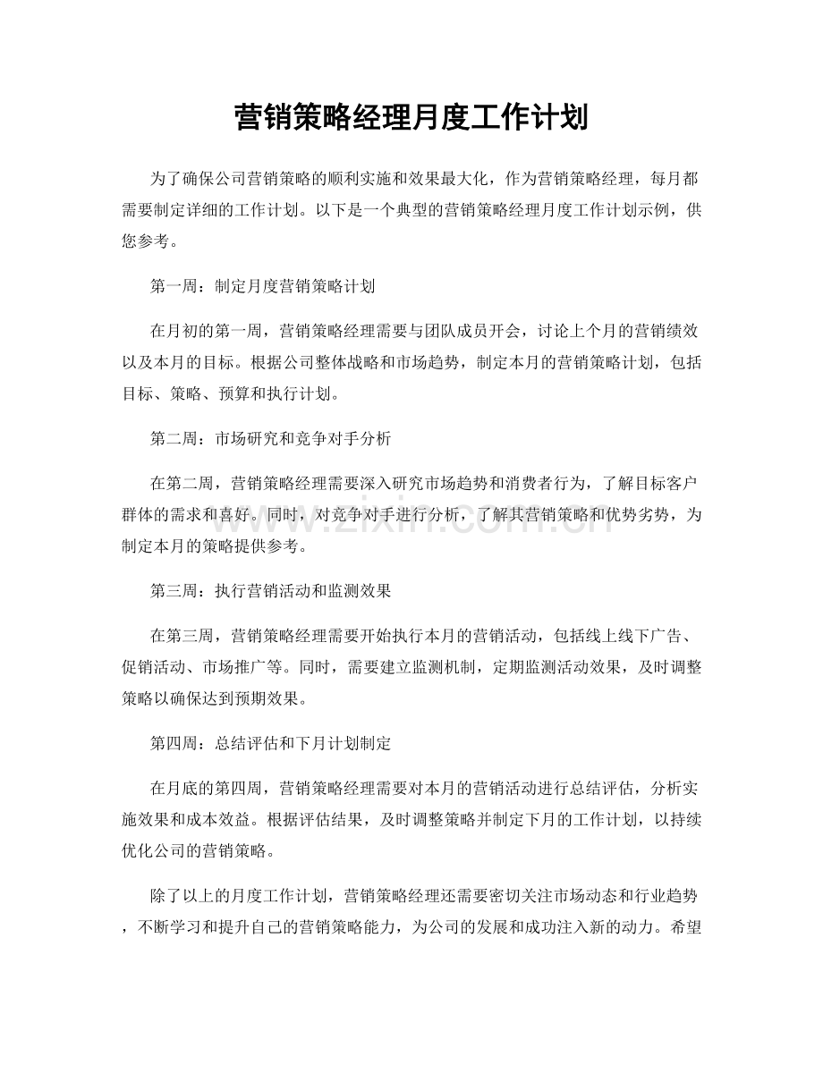 营销策略经理月度工作计划.docx_第1页