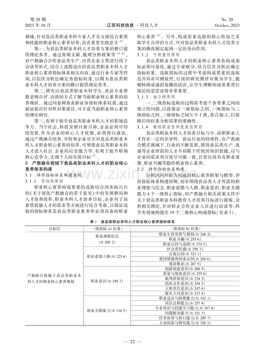 产教融合视域下食品类职业本科人才职业核心素养评价指标体系构建研究.pdf_第2页