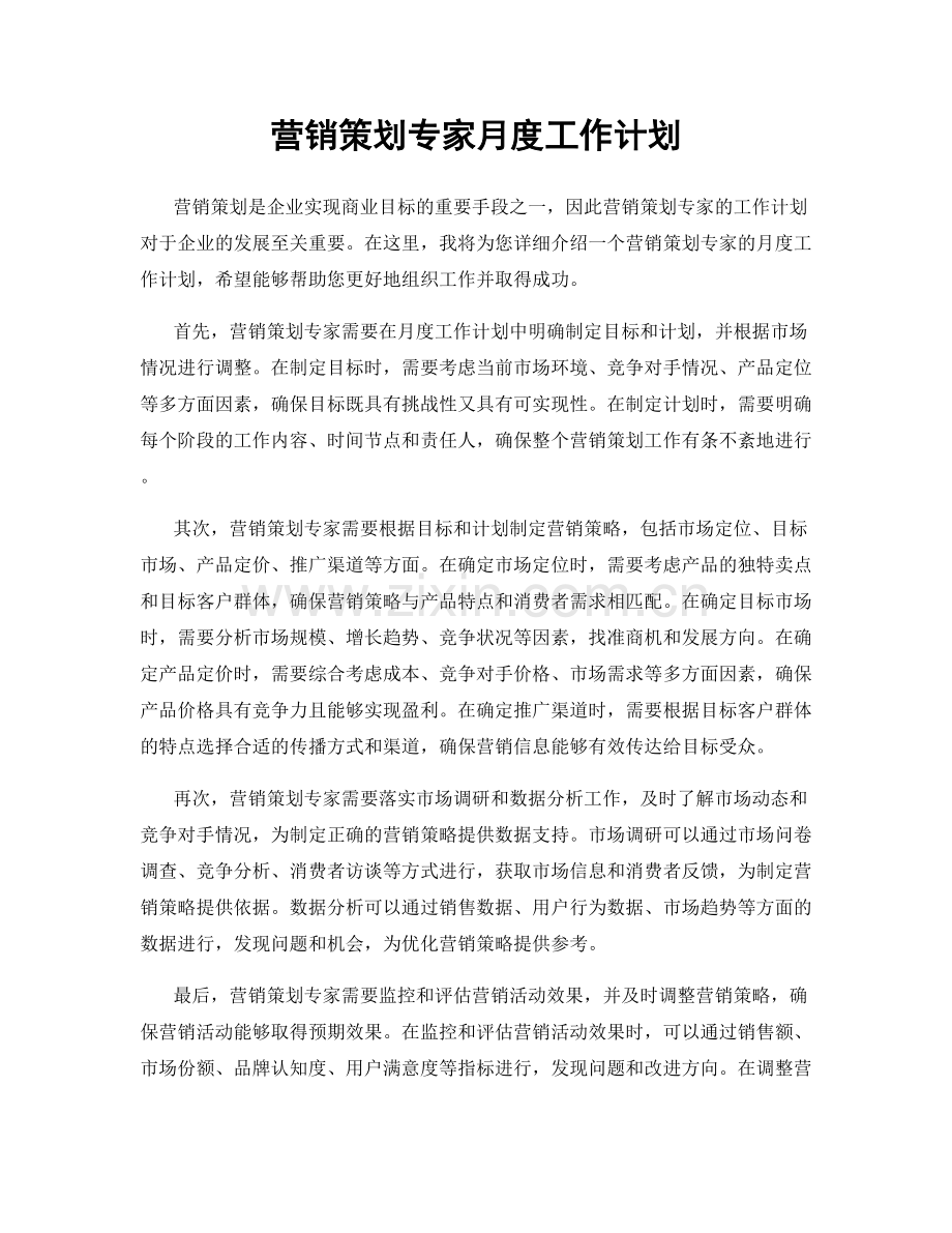 营销策划专家月度工作计划.docx_第1页