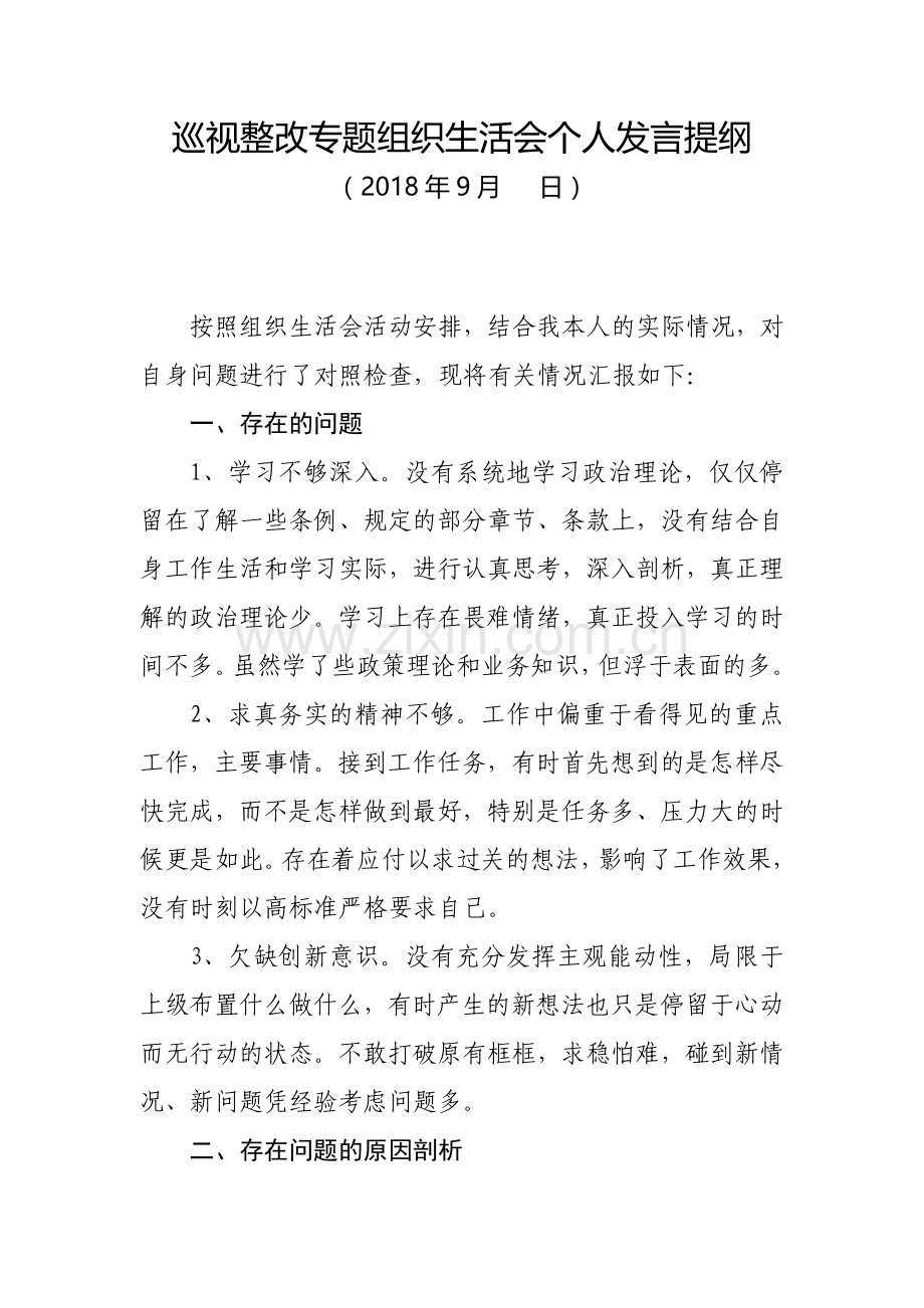 巡视整改专题组织生活会个人发言提纲.doc_第1页