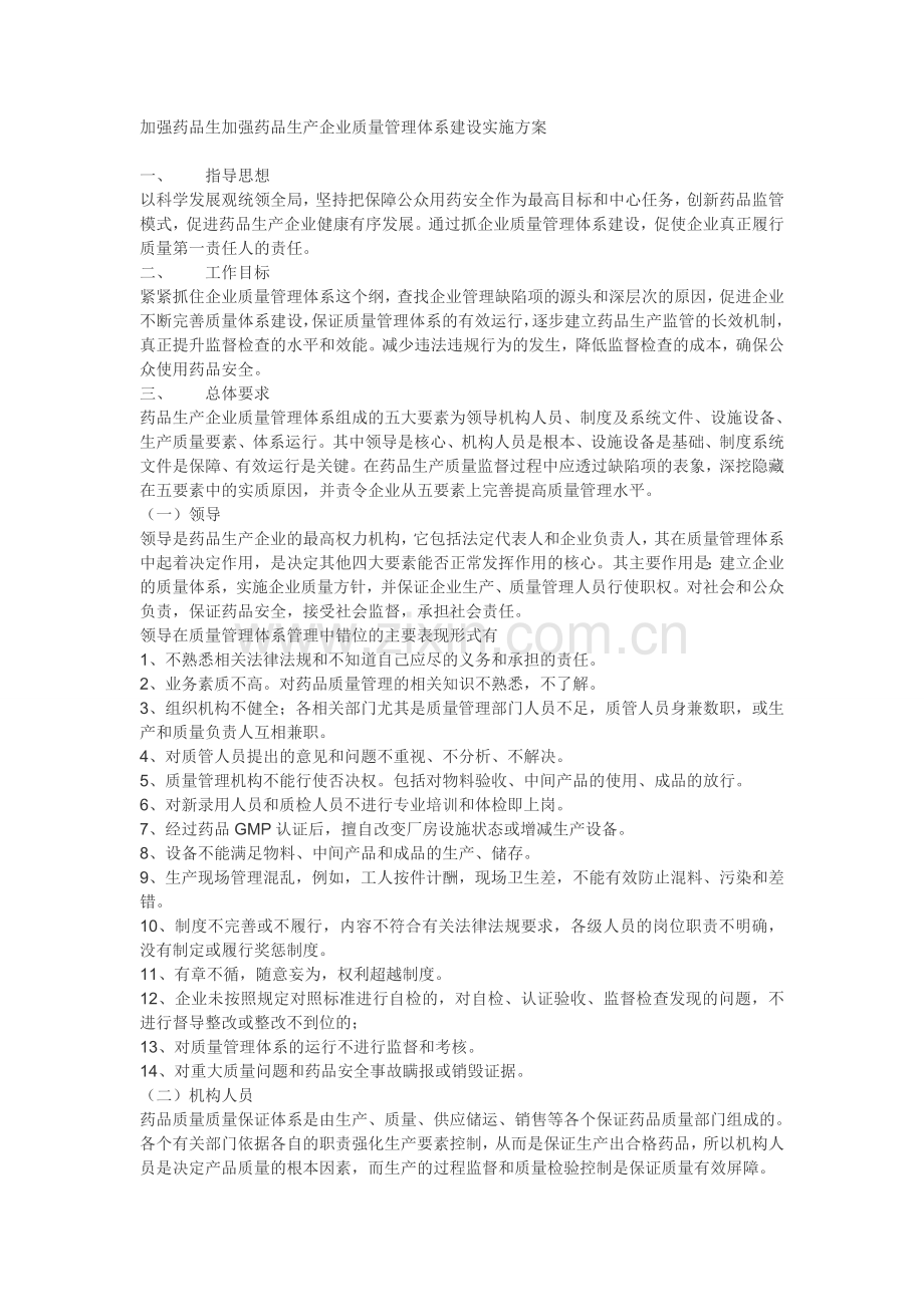 加强药品生加强药品生产企业质量管理体系建设实施方案.doc_第1页