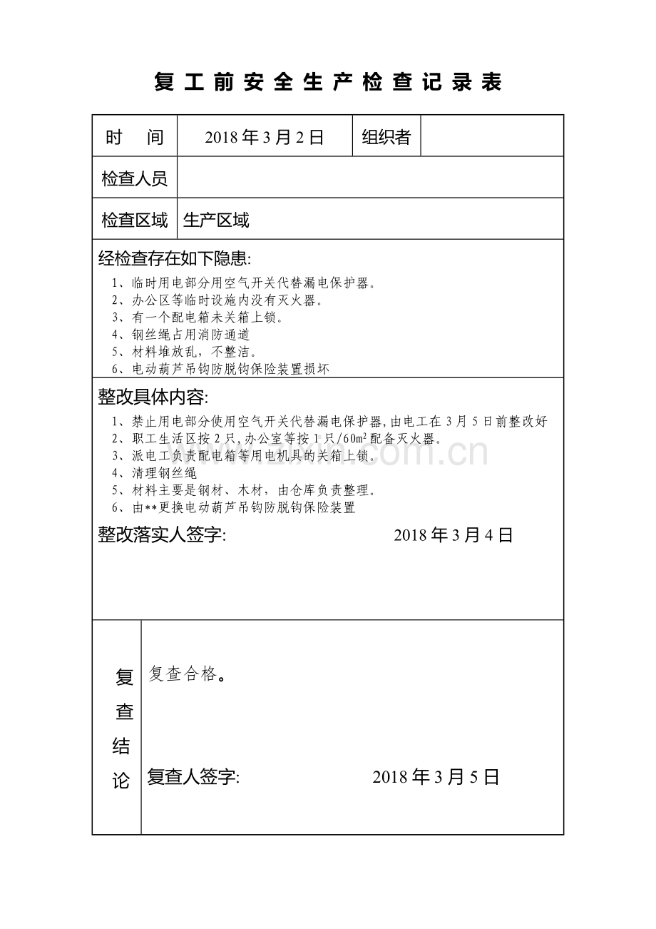 复工复产前安全生产检查记录表-样表.doc_第1页