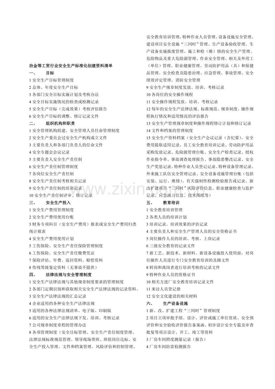 冶金等工贸行业安全生产标准化创建资料清单..doc_第1页