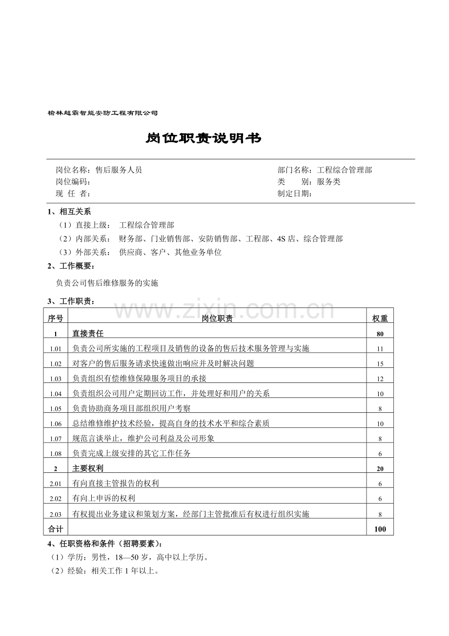 售后服务人员岗位职责.doc_第1页