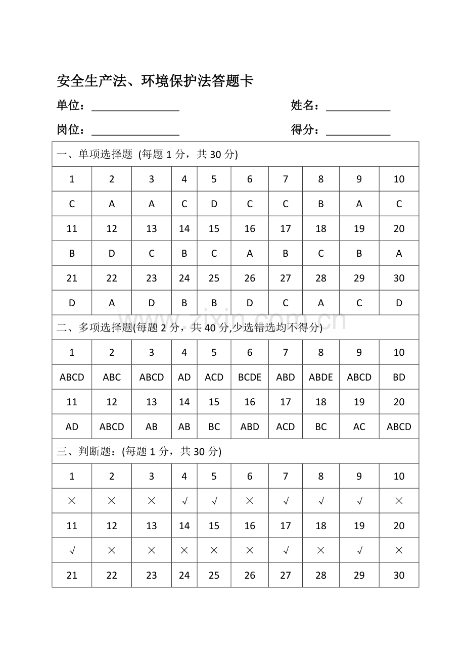 1-1、安全生产法、环境保护法答题卡(安全生产管理人员5份).doc_第1页