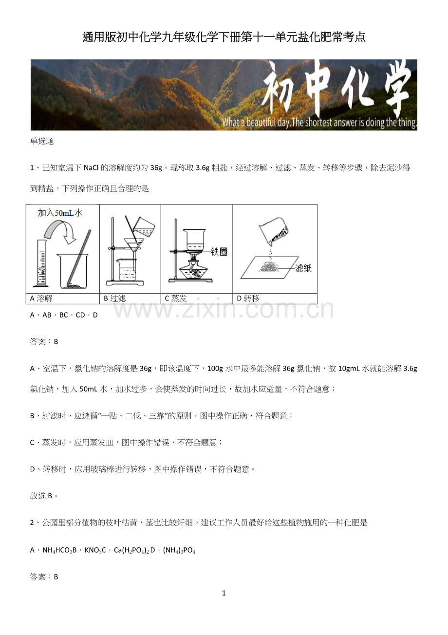 通用版初中化学九年级化学下册第十一单元盐化肥常考点(精选试题附答案).docx_第1页