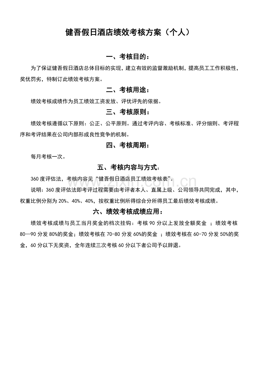 健吾假日酒店绩效考核方案(个人).doc_第1页