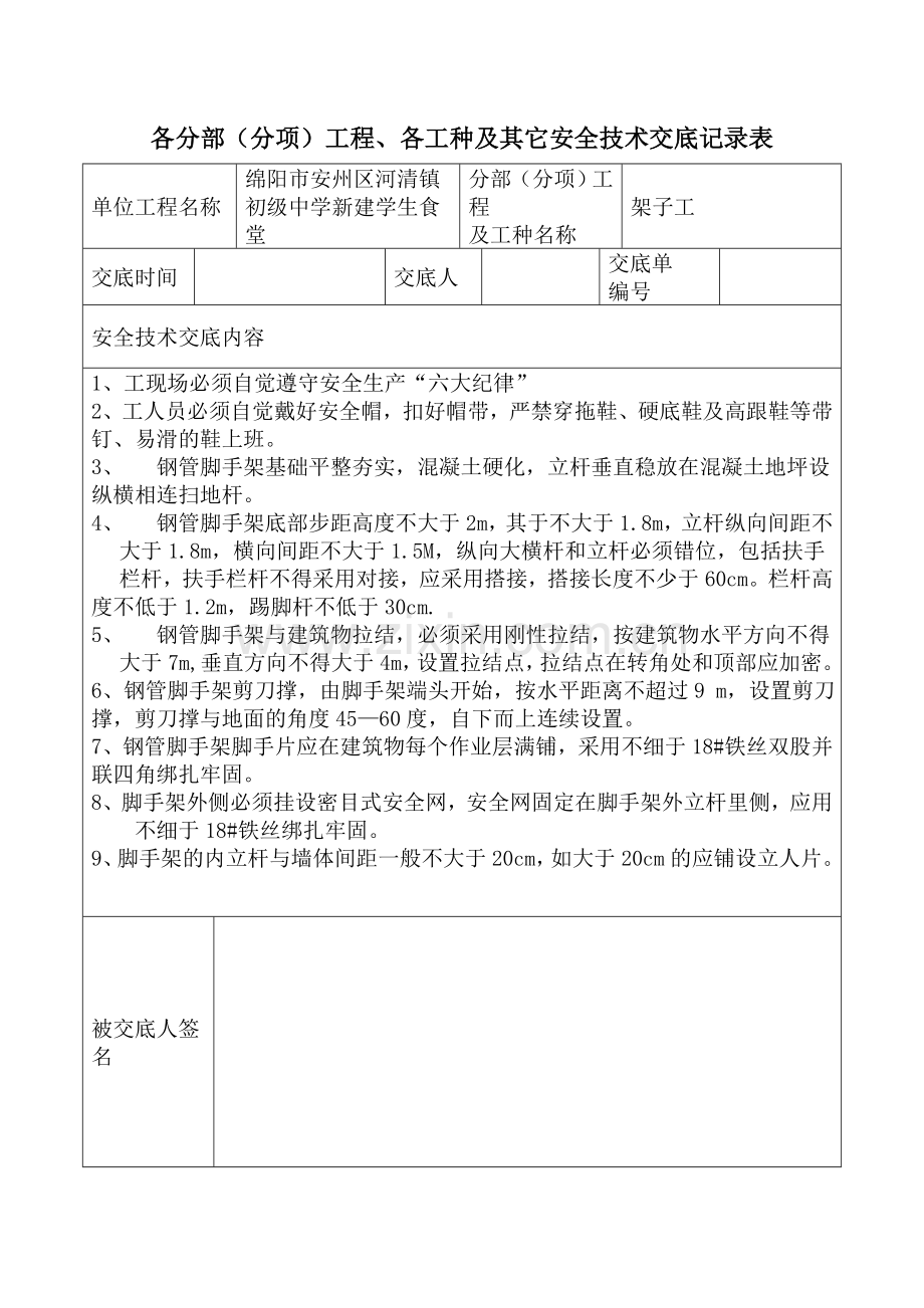 安全技术交底记录表(全套).doc_第1页