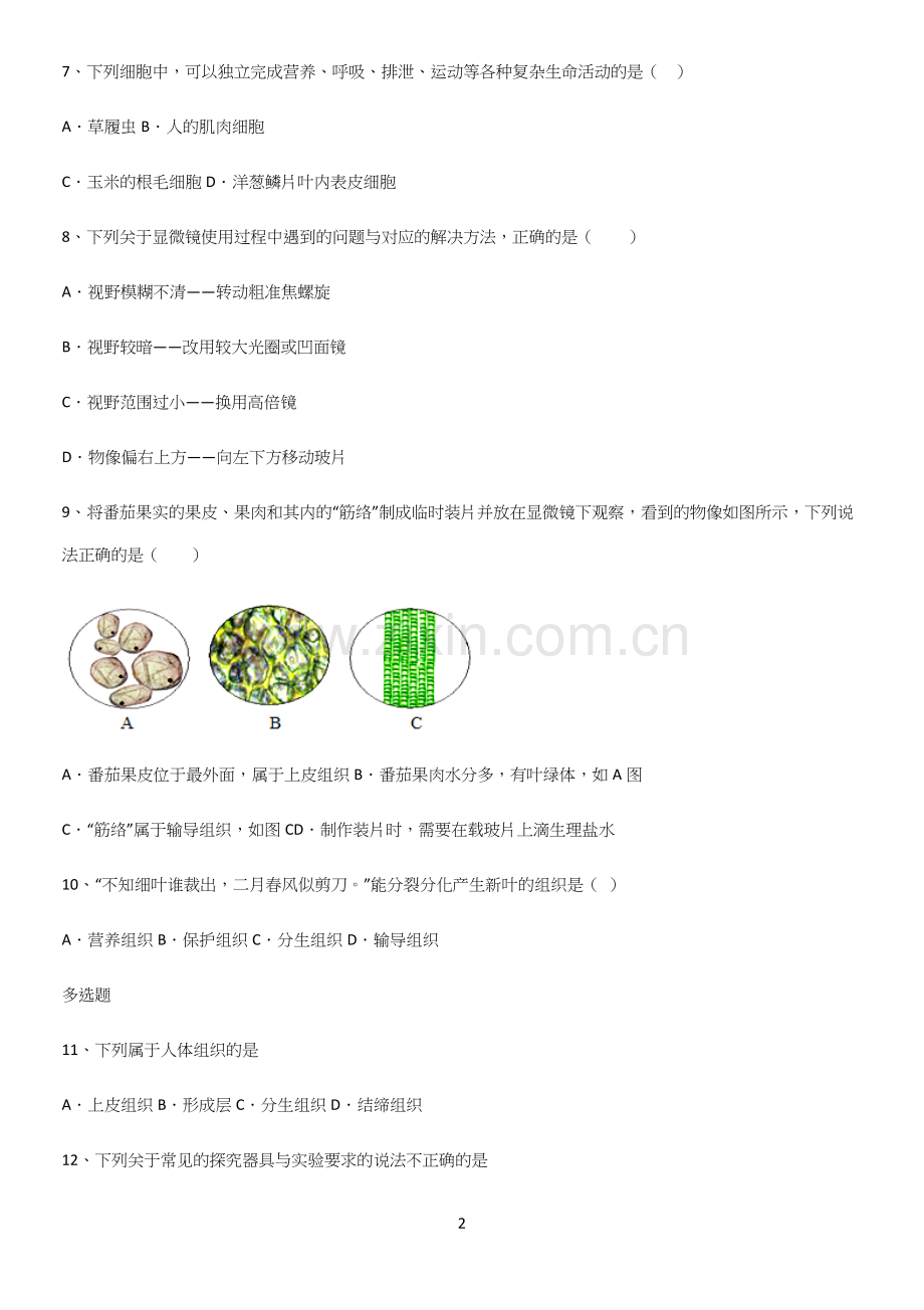 通用版初中生物七年级上册第二单元生物体的结构层次解题方法技巧(精选试题附答案).docx_第2页