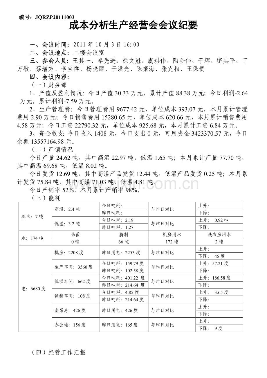 10.3江泉肉制品成本分析生产经营会会议纪要.doc_第1页