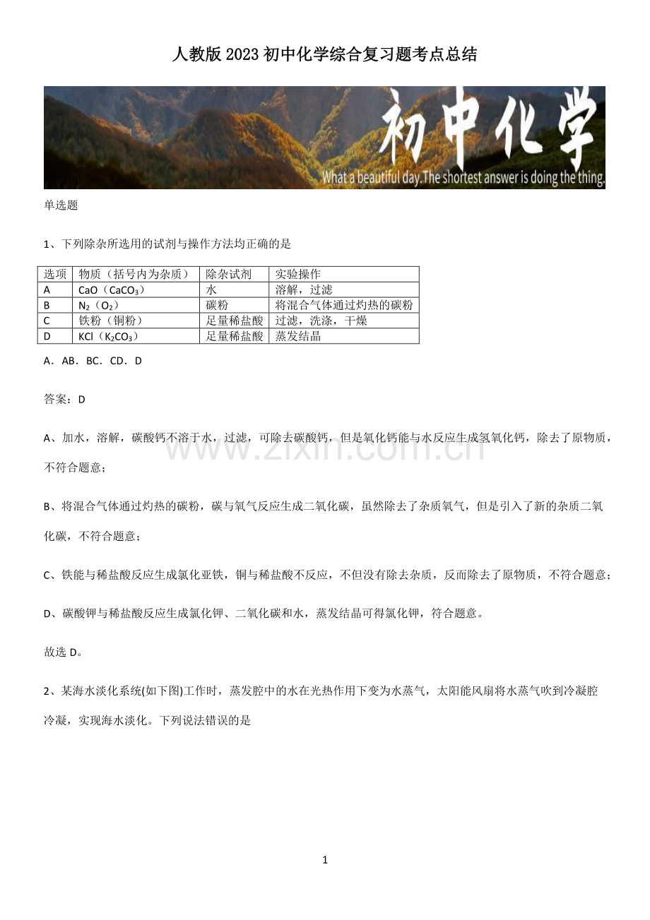 人教版2023初中化学综合复习题考点总结.pdf_第1页