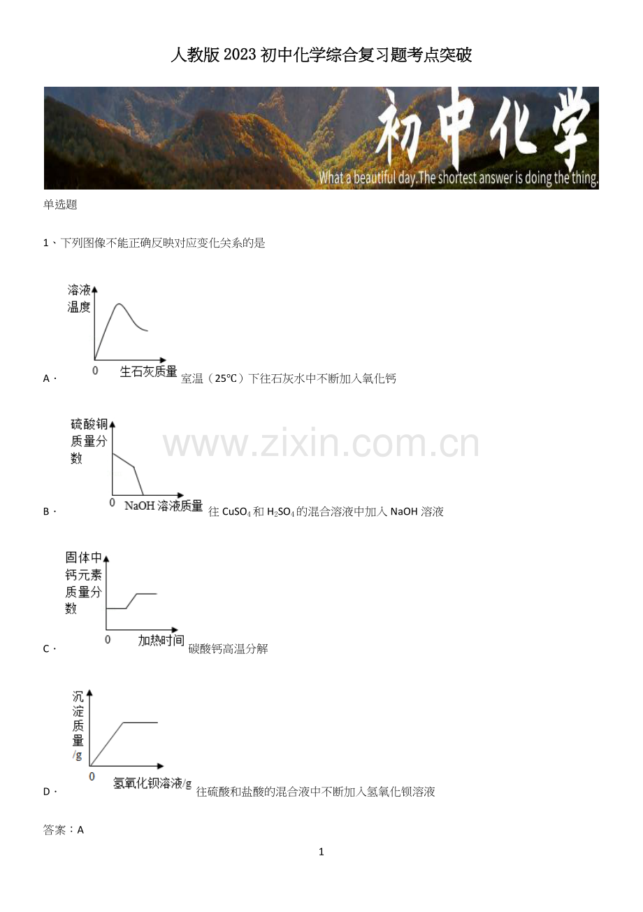 人教版2023初中化学综合复习题考点突破(精选试题附答案).docx_第1页