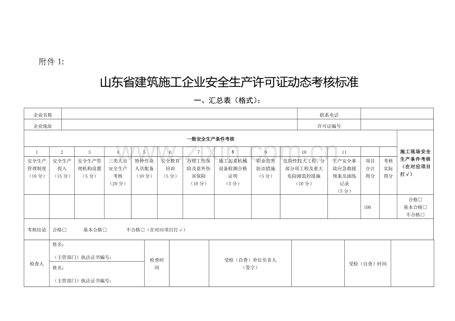 山东省建筑施工企业安全生产许可证动态考核标准-表格..doc_第1页