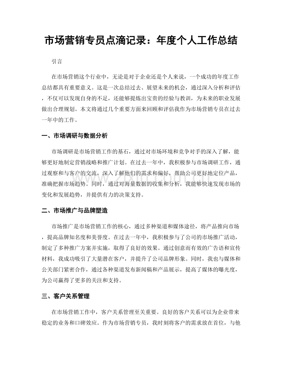 市场营销专员点滴记录：年度个人工作总结.docx_第1页